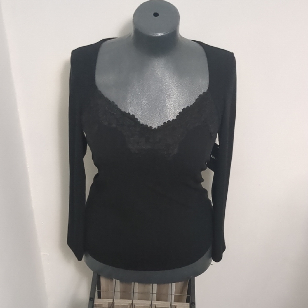 Torrid Sz 0 Super Soft Rib Sweetheart Lace Trim Top Black Long Sleeve New W Tags
